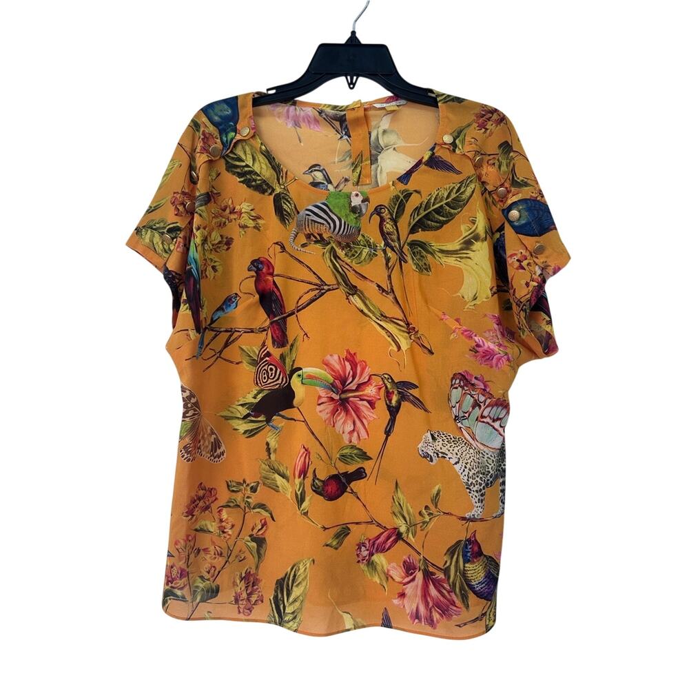 Leifsdottir Anthropologie Women’s Mustard Botanical Silk Short Sleeve Top Sz 10